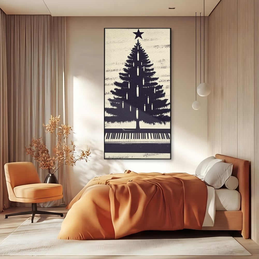 Tablou canvas cu tablou canvas cu brad din clape de pian, in rama de aluminiu negru, pe perete intr-un dormitor